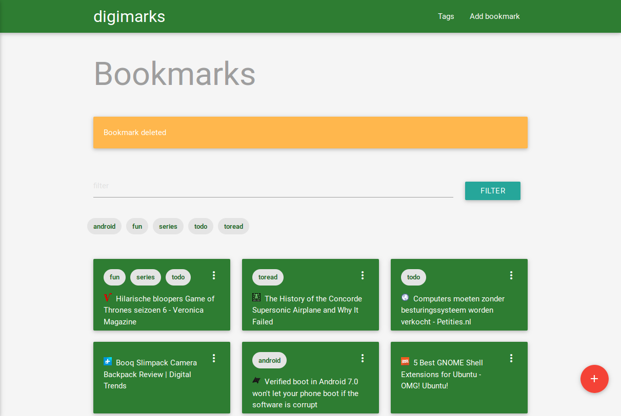 Bookmarks overview page